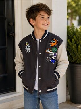 H&M Among Us Varsity Jacket Kids Size 8/10 Team Impostors Snap Up Gamer Jacket